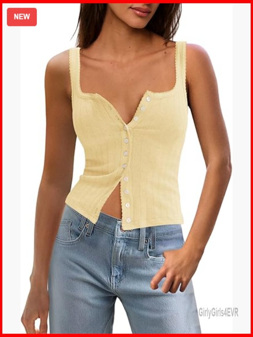 Ribbed Square Neck Button Down Tank Top Sleeveless Summer Knit Top